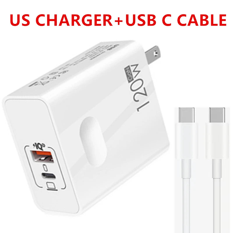 White 120W USB charger with dual ports, including USB-C, and a matching USB-C cable. Text above reads "US CHARGER + USB C CABLE" in red.
