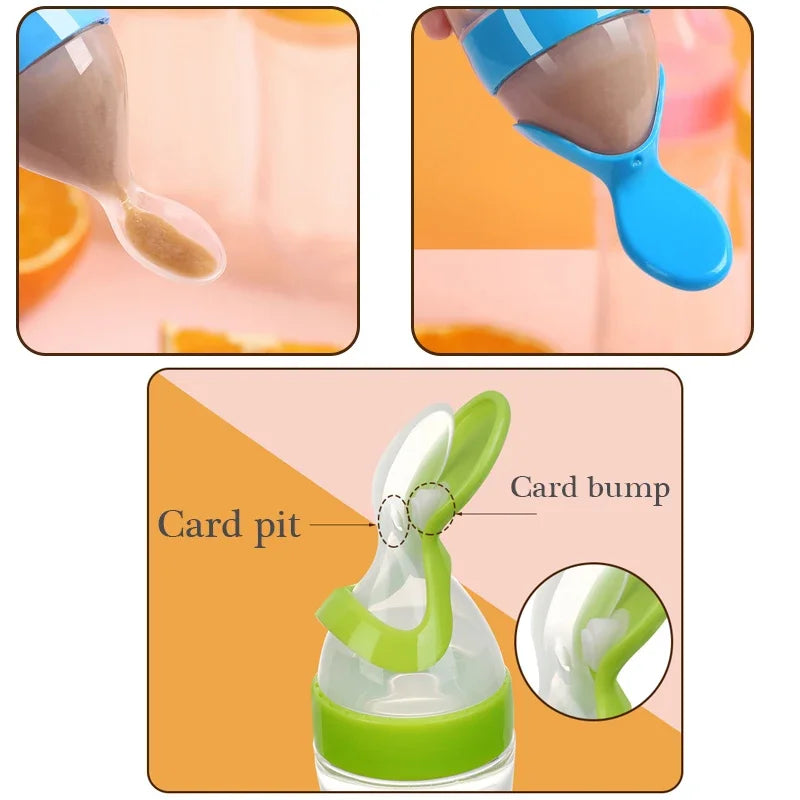 Close-up of a baby food dispensing spoon with blue and green caps. The image highlights the design features, including "Card pit" and "Card bump" for secure closure.