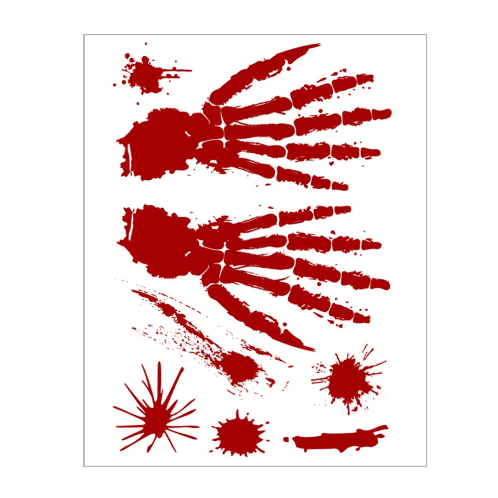 Red handprints, splatters, and paint streaks on a white background, resembling blood marks and splashes arranged randomly across the canvas.