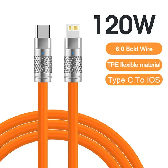 Orange Type C to iOS charging cable, featuring 120W, 6.0 bold wire design, and TPE flexible material. Silver connectors with blue indicators are displayed prominently.