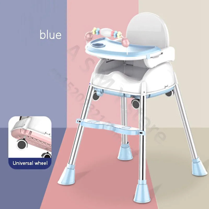 A blue and white high chair with a detachable tray and colorful toys. Features adjustable legs with wheels, displayed against a multicolor background. Inset shows wheel detail.
