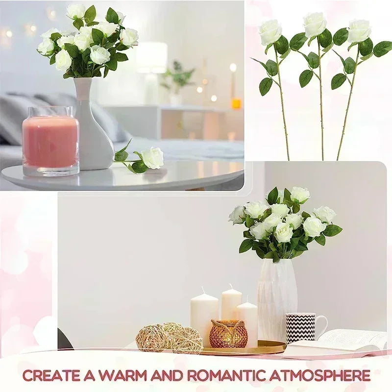 White roses in a tall vase beside a pink candle on a table. Another image shows roses in a living room setting with candles. Text: "Create a warm and romantic atmosphere."