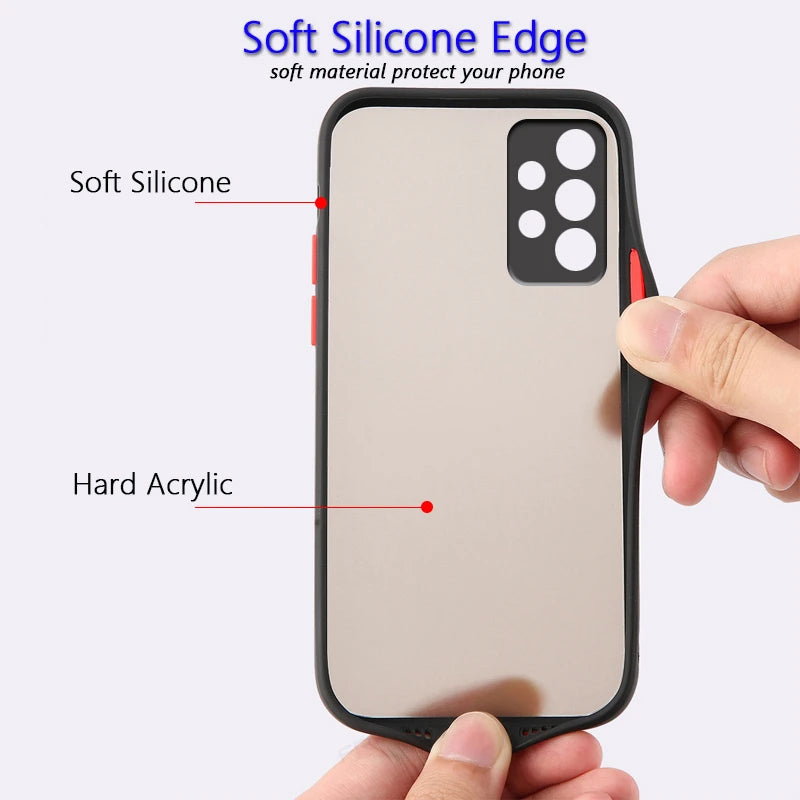 Clear phone case with black soft silicone edges, red buttons, and a hard acrylic back, held by two hands. Text highlights soft silicone protection and hard acrylic material.