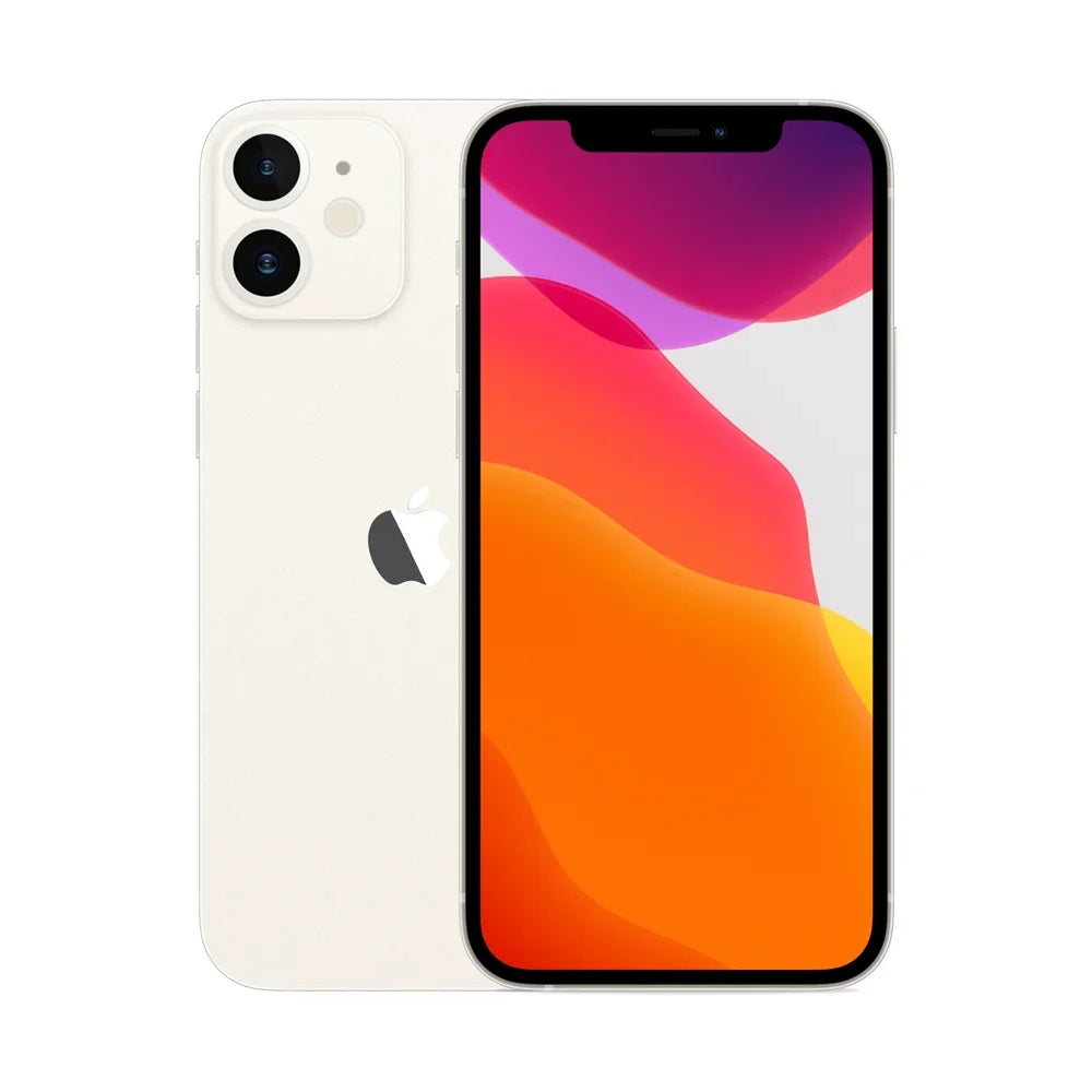 White smartphone with dual rear cameras and a vibrant orange-red display. The Apple logo is visible on the back, with a sleek design.