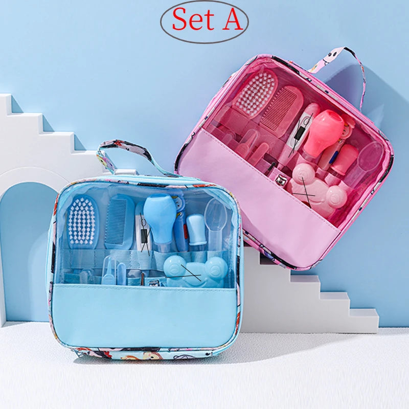 Two transparent toiletry bags, one blue and one pink, hang side by side. Each contains grooming items like brushes and clippers. "Set A" text is above.