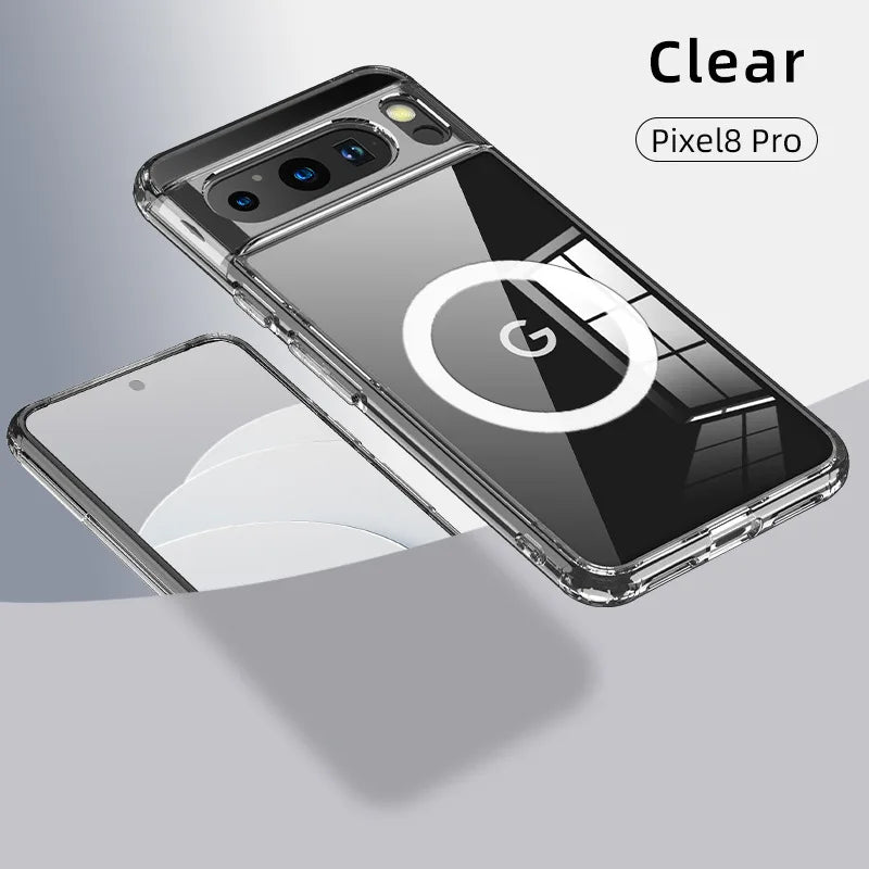 Clear phone case for Pixel 8 Pro, showcasing its transparent design on top of the phone's back and screen, with a reflective "G" logo and precise cutouts for camera and flash.