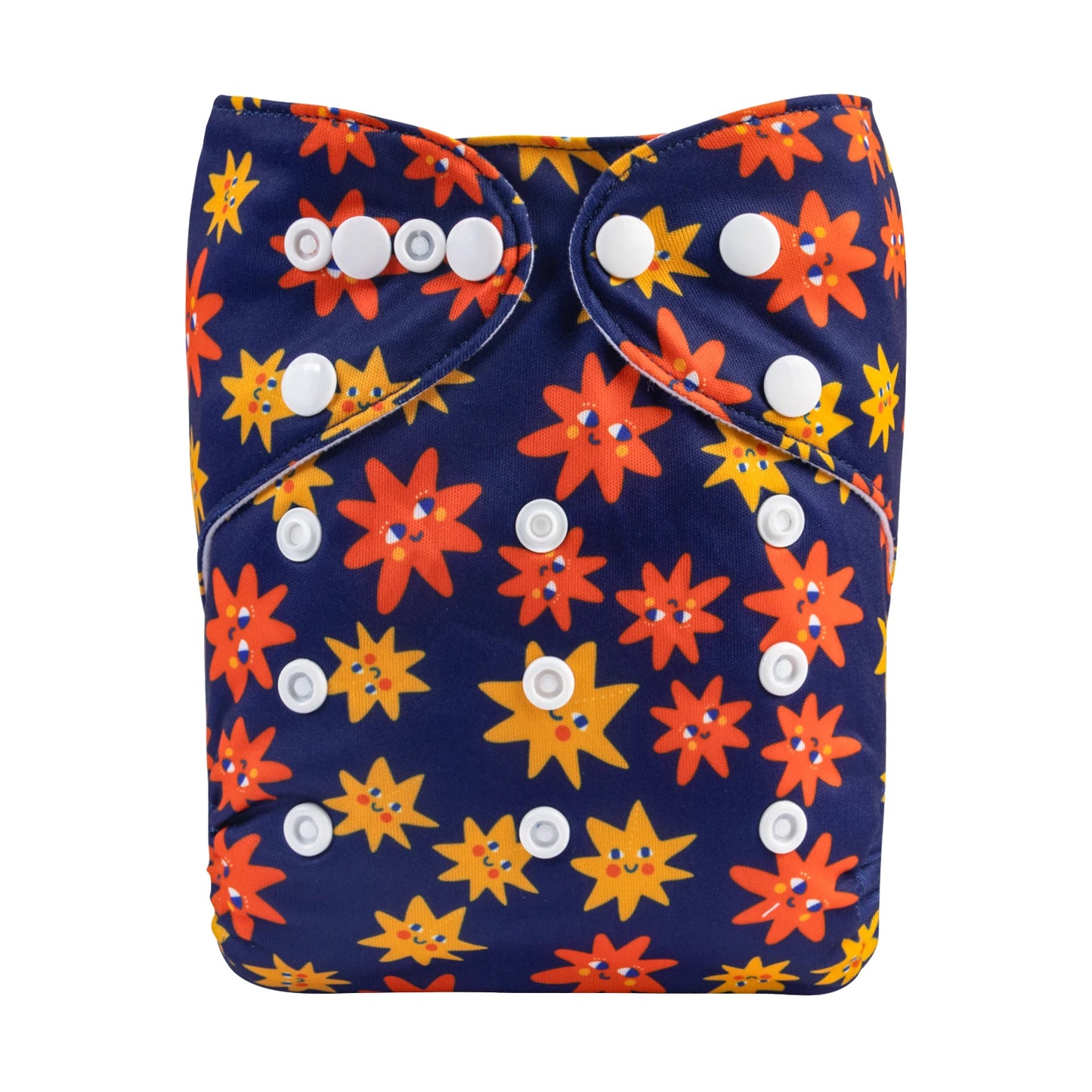 Cloth diaper with a vibrant design of red and yellow flowers on a dark blue background, featuring multiple white snaps for adjustable fitting.