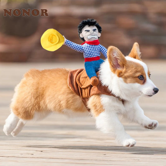 A Corgi dog running energetically with a small cowboy doll wearing a yellow hat and checkered shirt secured on its back, giving the impression of a playful rodeo ride.