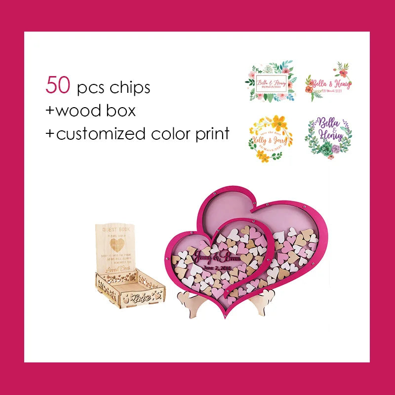 Heart-shaped guestbook set with wood box and 50 chips, featuring customizable color prints. Includes floral designs with "Bella & Henry" and "Kelly & John" names.