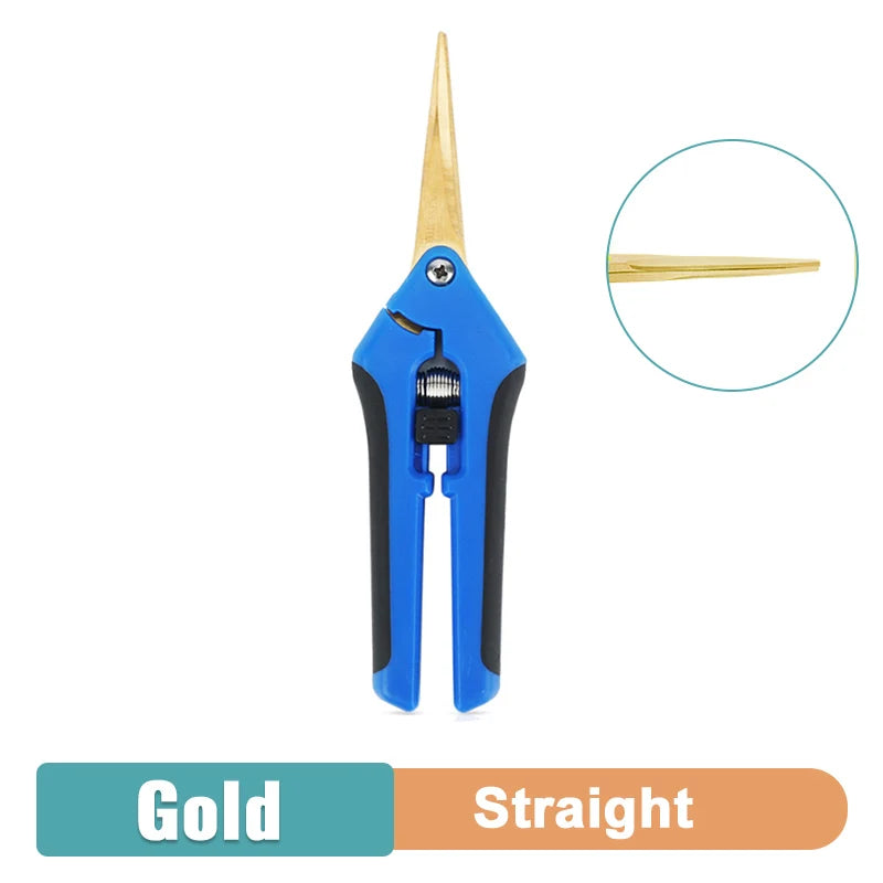 Blue and black pruning shears with gold straight blades are shown on a white background. An inset circle highlights the blade detail. Labels "Gold" and "Straight" are seen below.