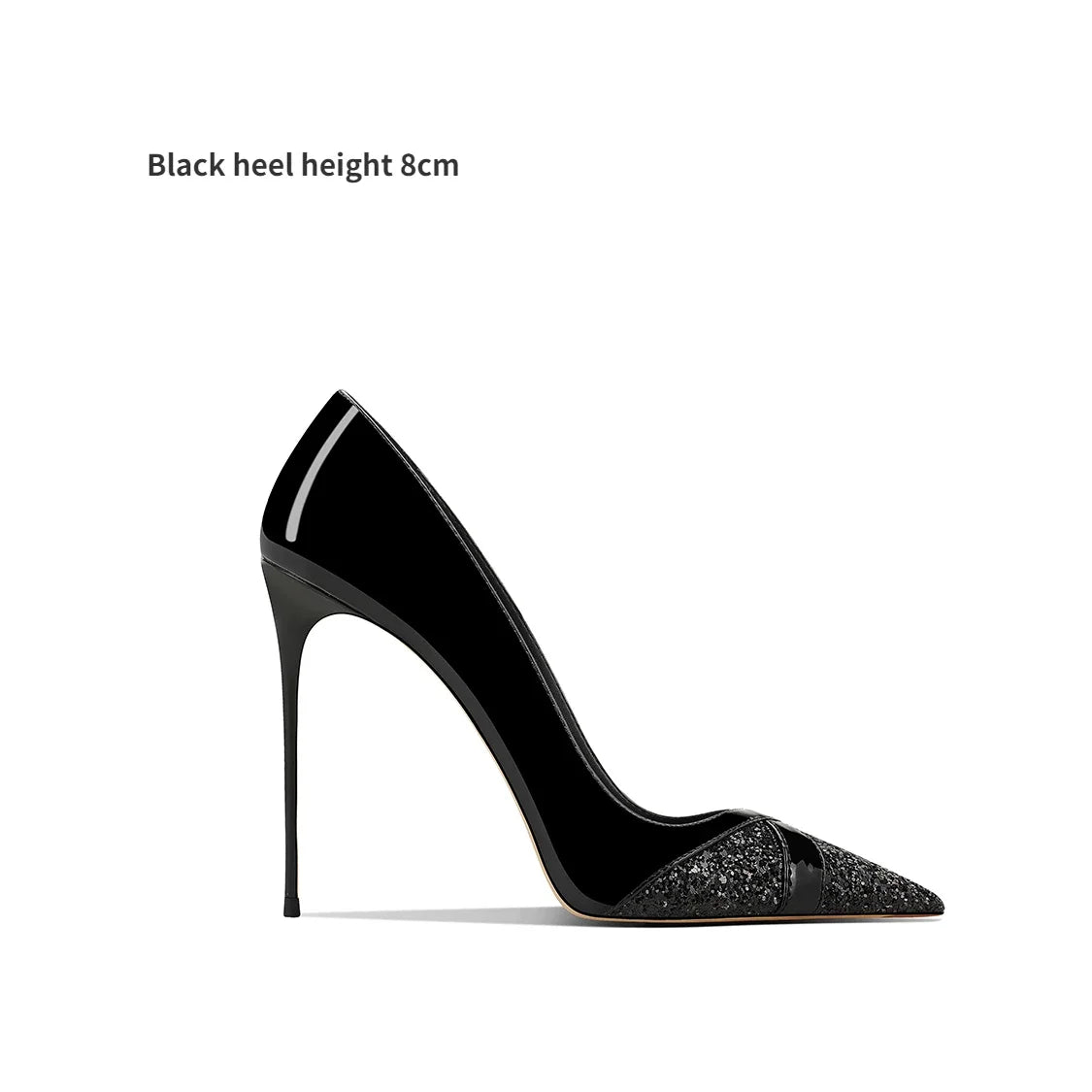 Elegant black stiletto heel with a height of 8cm, featuring a pointed toe with glitter detailing on the front, set against a plain white background.