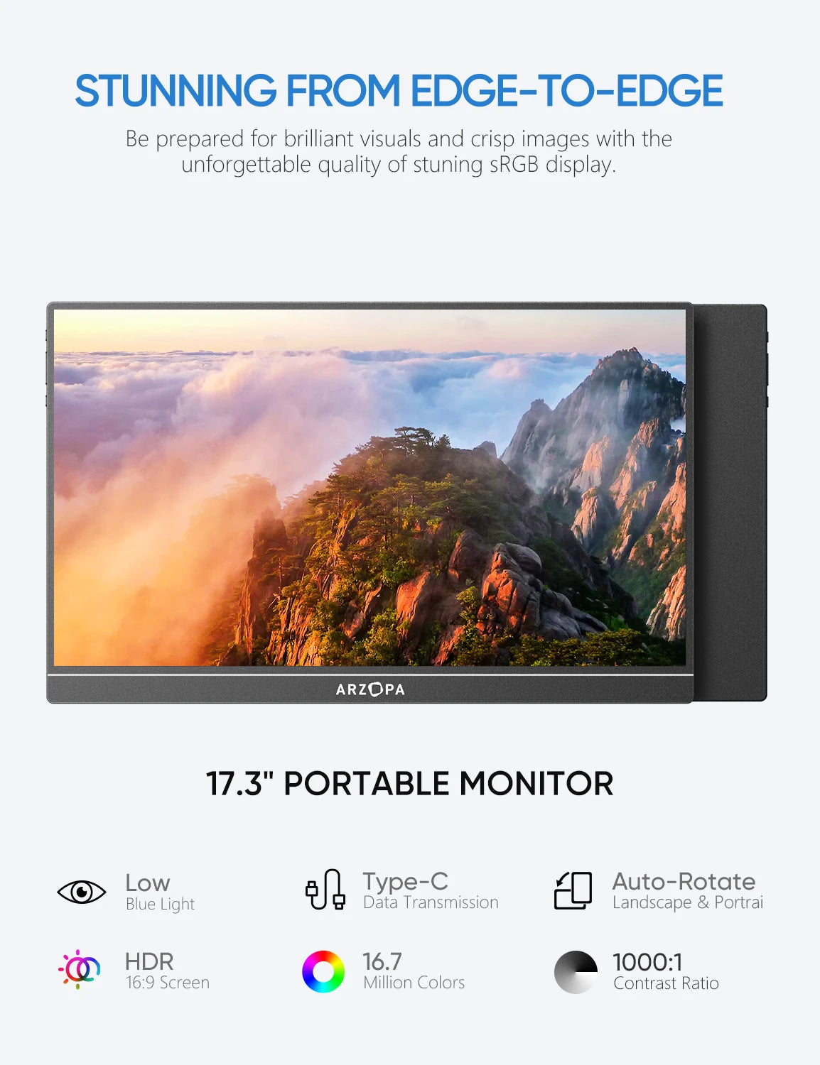 17.3" Arzopa portable monitor with stunning edge-to-edge sRGB display, HDR, low blue light, Type-C, auto-rotate features, 16.7 million colors, and 1000:1 contrast ratio.
