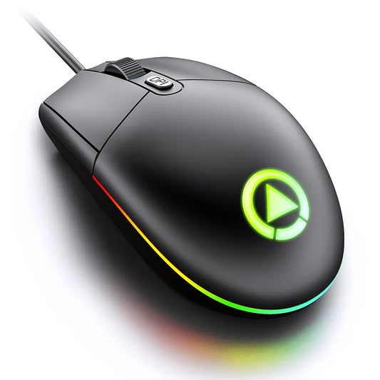 Black gaming mouse with a colorful LED light trim and a glowing logo. Features a scroll wheel and a DPI button. The design is sleek and modern on a white background.