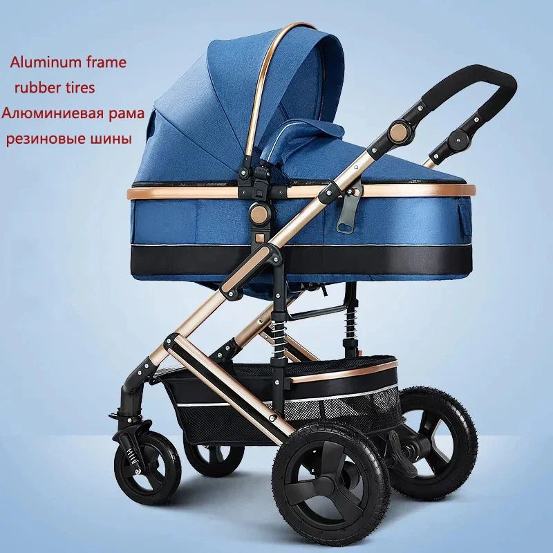 Blue baby stroller with an aluminum frame and rubber tires, featuring adjustable handle and storage basket. Text beside it describes features in English and Russian.