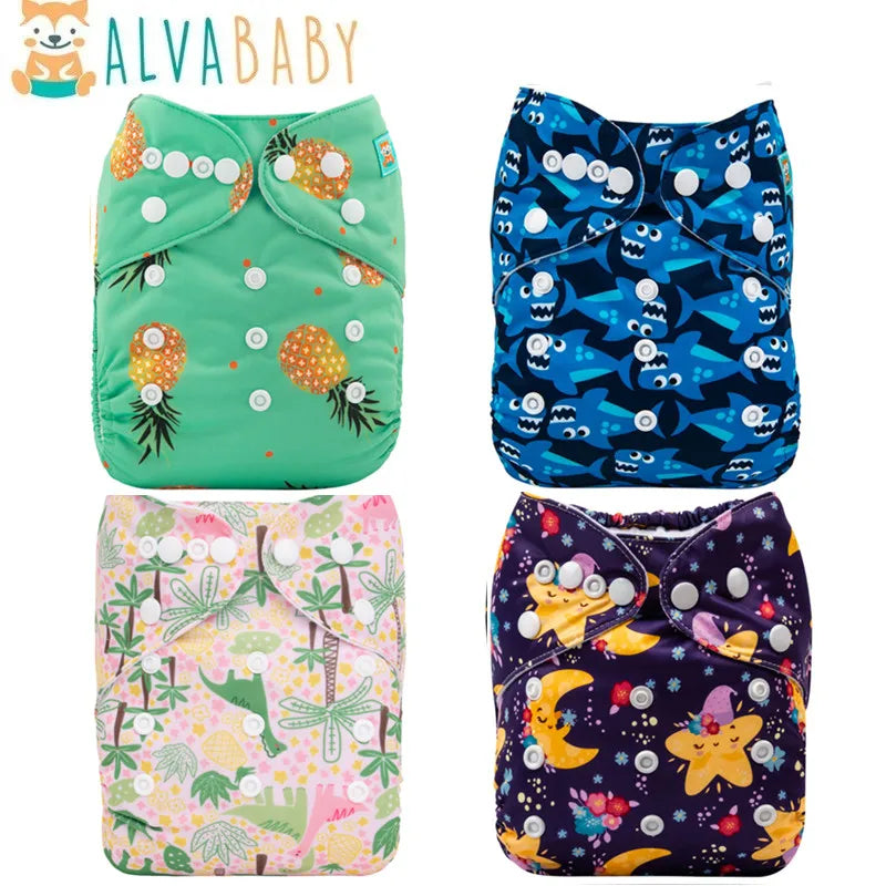 Four colorful cloth diapers with different patterns: green with pineapples, blue with sharks, pink with dinosaurs, and purple with smiling stars and moons. "Alva Baby" logo on top.