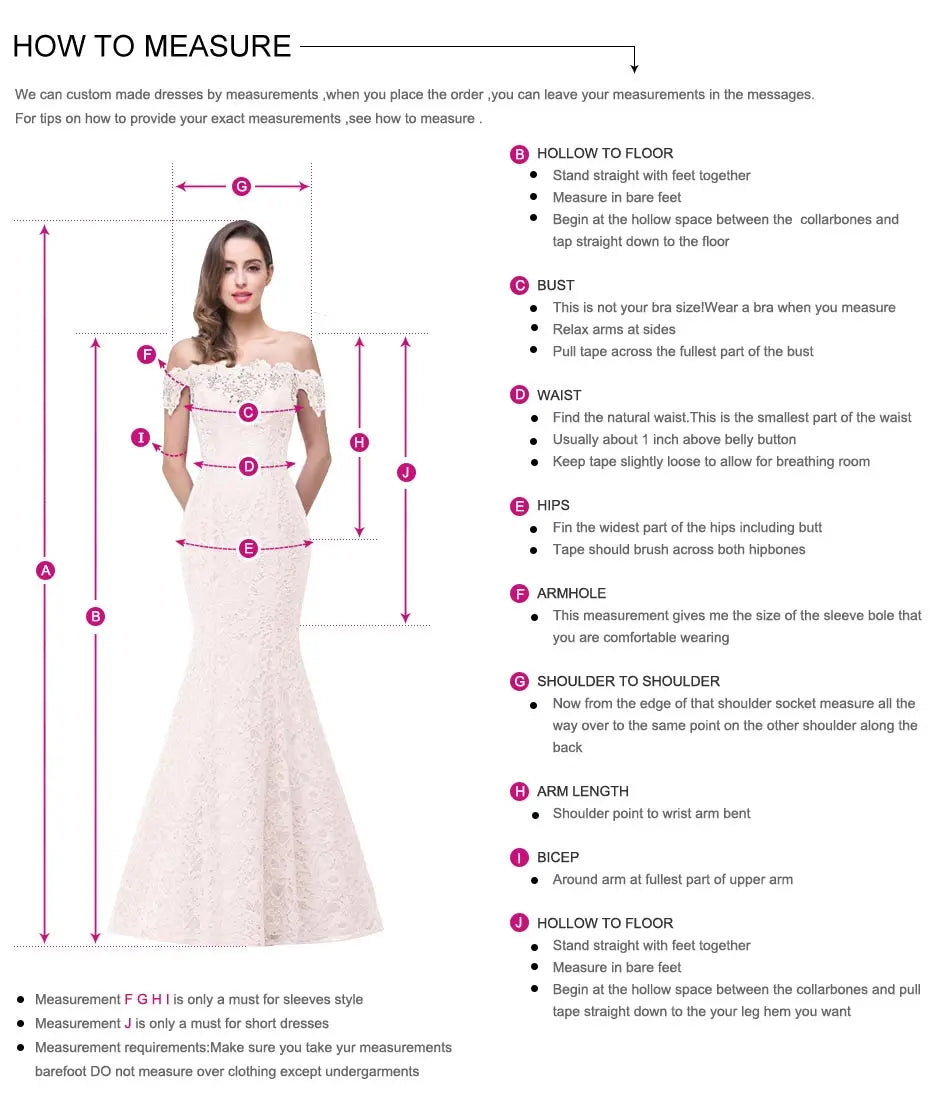 Diagram illustrating how to measure for a dress, with a woman in a lace gown marked with labeled arrows showing measurements for bust, waist, hips, armhole, and more, with instructions.