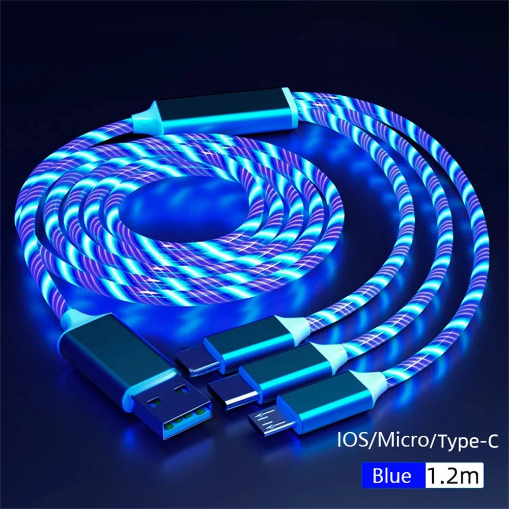 Glowing blue braided charging cable with USB, Type-C, and Micro connectors for IOS devices, 1.2 meters long.