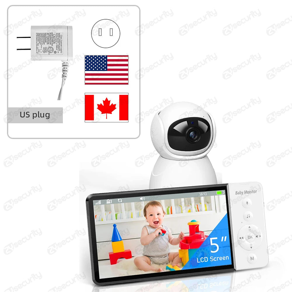 Baby monitor with a 5-inch LCD screen displaying a baby playing with toys. Includes a camera and a US plug. Flags of the US and Canada are shown, indicating compatibility.