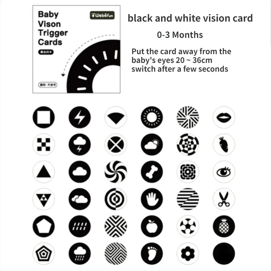 Black and white baby vision cards for 0-3 months. Includes various shapes and patterns to stimulate visual development. Suggested distance: 20-36cm from baby's eyes.