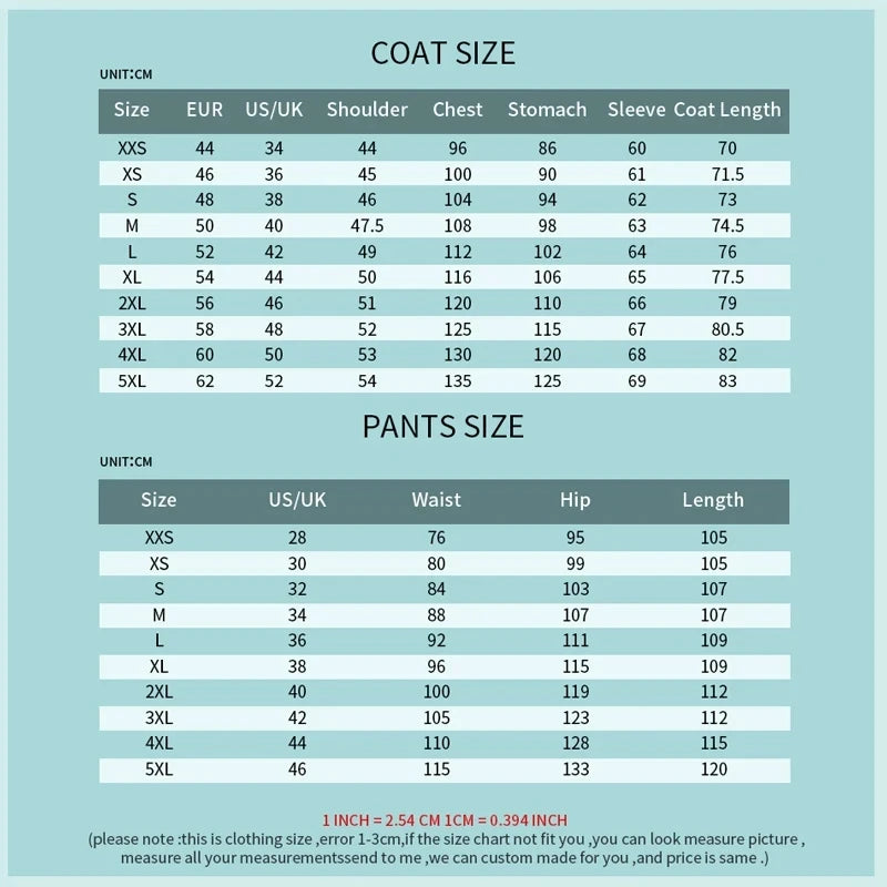 Coat and pants size chart in cm for various sizes from XXS to 5XL. Includes measurements for shoulders, chest, stomach, sleeves, coat length, waist, hip, and pants length.