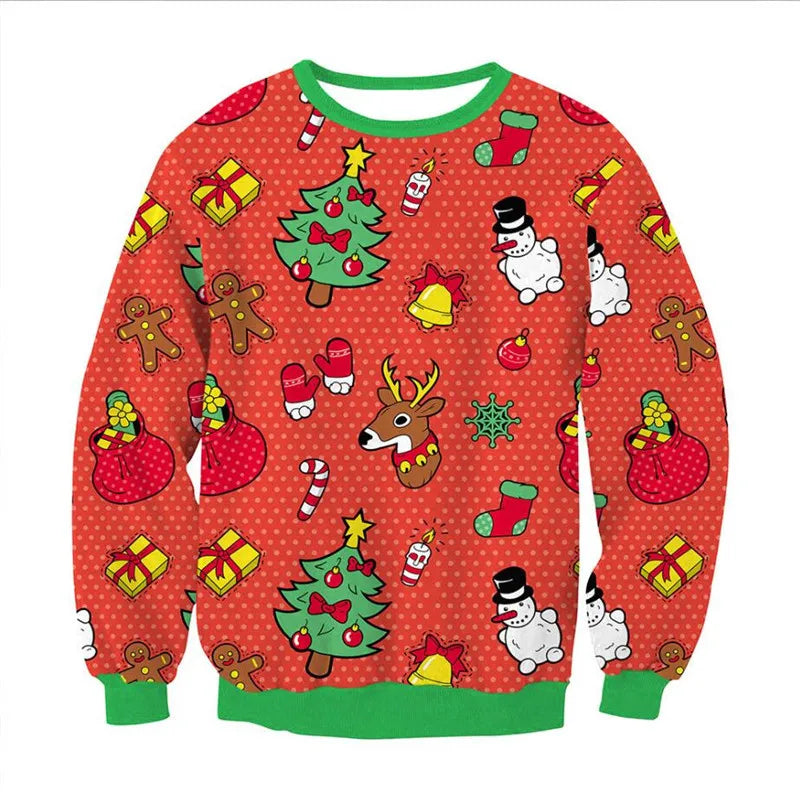 Red Christmas sweater with green trim, featuring festive motifs like a reindeer, Christmas tree, snowman, gifts, stockings, gingerbread men, bells, and candy canes on a dotted background.