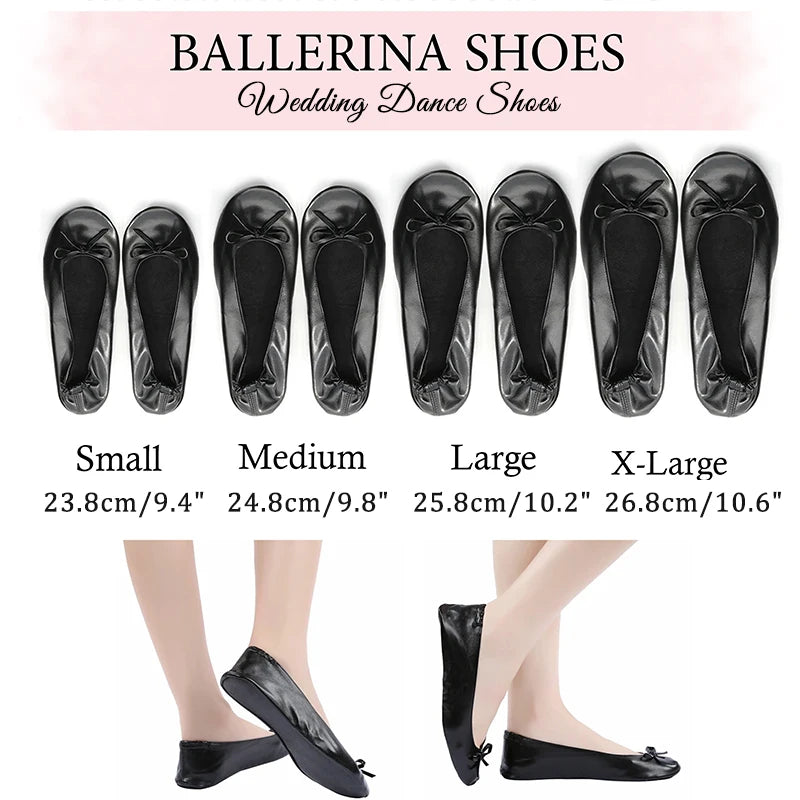 Black ballet flats labeled as wedding dance shoes in four sizes: Small (23.8cm), Medium (24.8cm), Large (25.8cm), and X-Large (26.8cm). Image includes feet wearing the shoes.