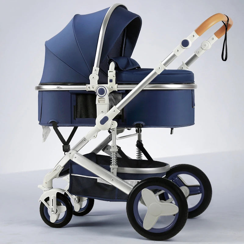 A modern blue baby stroller with a sleek aluminum frame, leather handle, and four wheels. The bassinet is spacious, featuring a sunshade and a storage basket underneath.