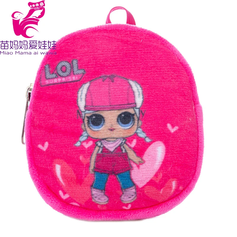 Pink plush children's backpack featuring a cute cartoon character with large eyes wearing a pink outfit. Surrounding the character are heart designs, and "LOL" text is displayed.