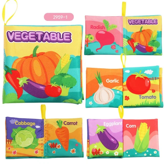 Cloth book for children with colorful pages featuring illustrations of vegetables like radish, pumpkin, garlic, tomato, cabbage, carrot, eggplant, and corn.