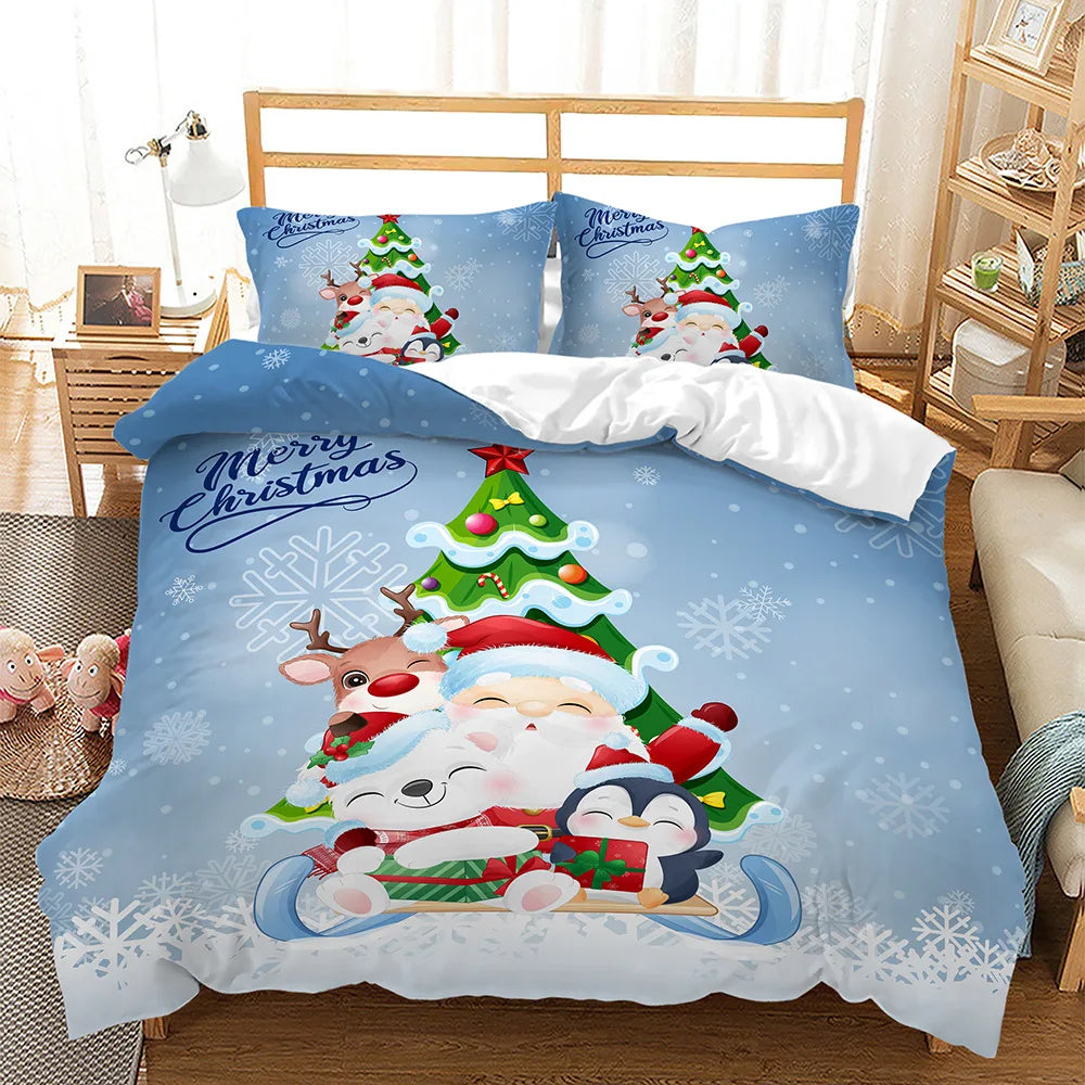 Festive bedding with Santa, a reindeer, polar bear, and penguin sledding under a Christmas tree on a snowy blue background. "Merry Christmas" text enhances the holiday theme.