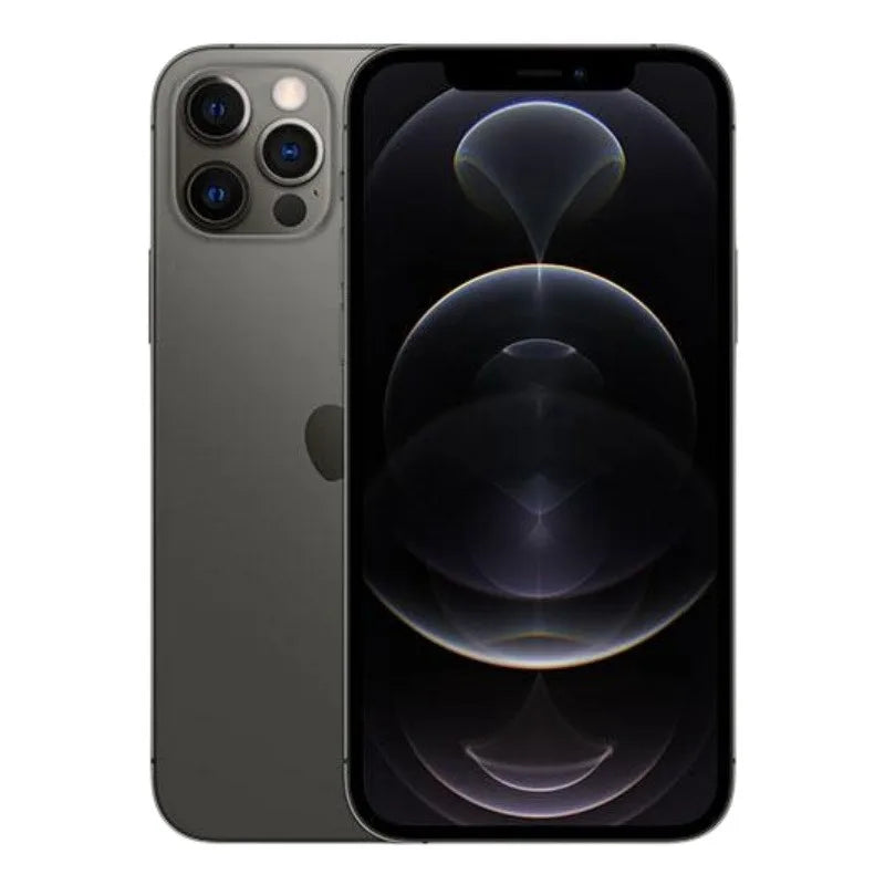 A sleek, black smartphone with a reflective screen displaying abstract patterns, shown with its rear camera system featuring three lenses and a flash.