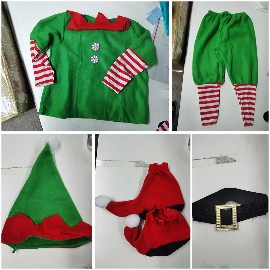 Elf costume set includes a green top with red collar, striped sleeves, matching pants, a pointed hat, red booties with white pompoms, and a black belt with a gold buckle.