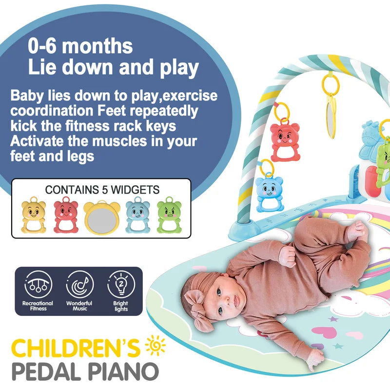 Baby playing on a colorful play mat with hanging toys and a pedal piano. Includes text: "0-6 months, Lie down and play. Contains 5 widgets for exercise and muscle activation."