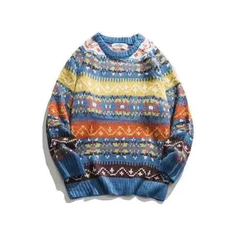 Multicolored knit sweater featuring blue, yellow, orange, and brown stripes with intricate geometric patterns. The sweater has a textured, cozy appearance and is laid flat on a white background.
