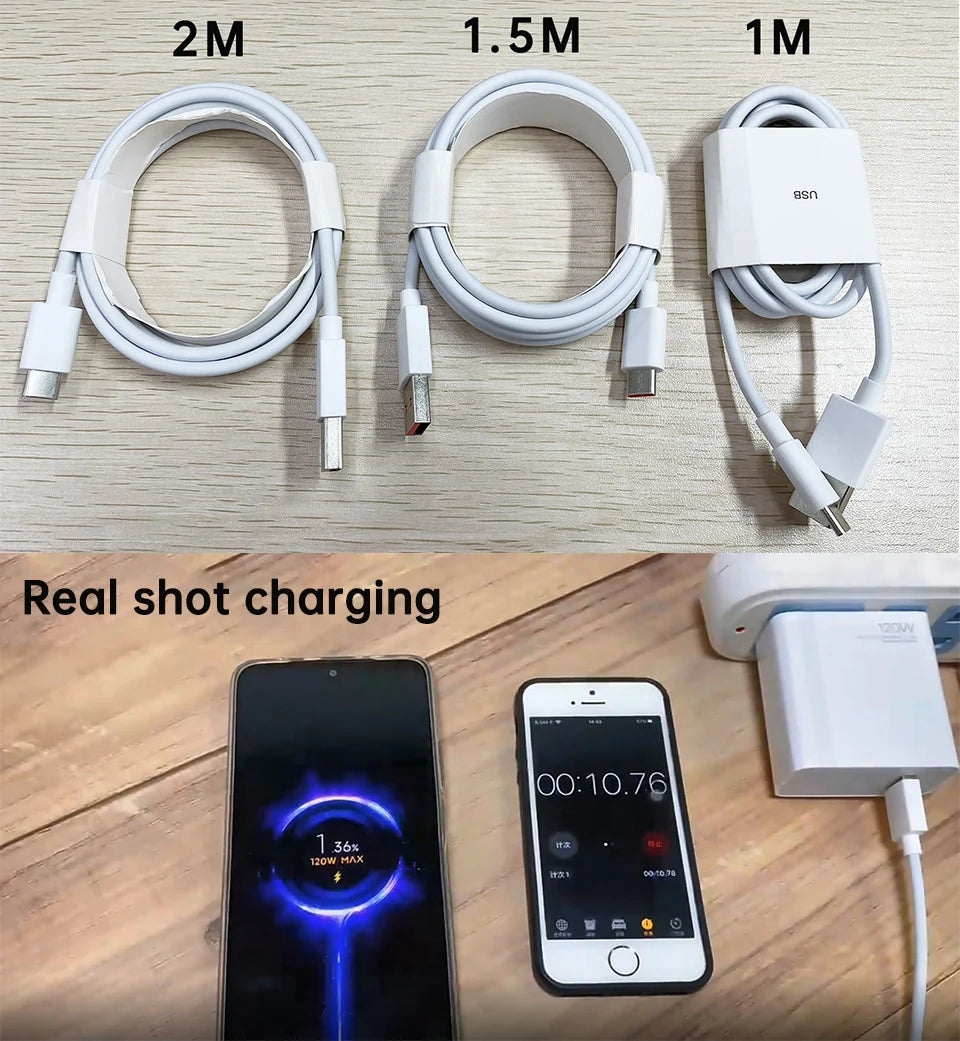 Three USB charging cables of 2m, 1.5m, and 1m lengths displayed on a table. Below, two smartphones are charging; one shows charging progress and the other a timer at 10.76 seconds.