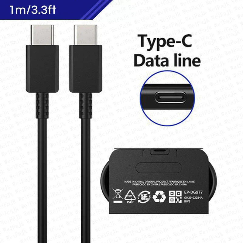 USB Type-C data cable, 1 meter long, shown with both plug ends visible. Includes a close-up of the Type-C port. Packaging displays product and recycling symbols.
