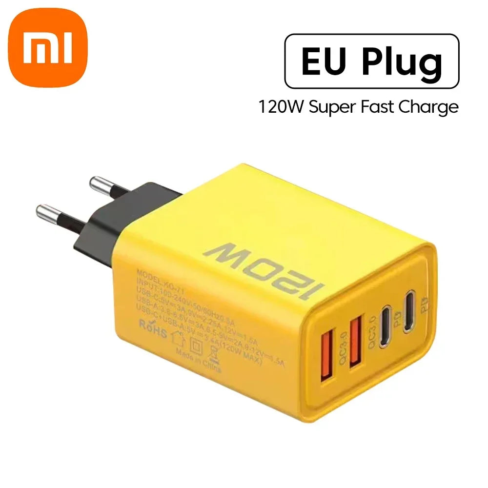 Yellow 120W super fast charge adapter with EU plug, featuring three ports (QC3.0, QC4.0, PD). Suitable for high-speed charging. Xiaomi logo displayed above.