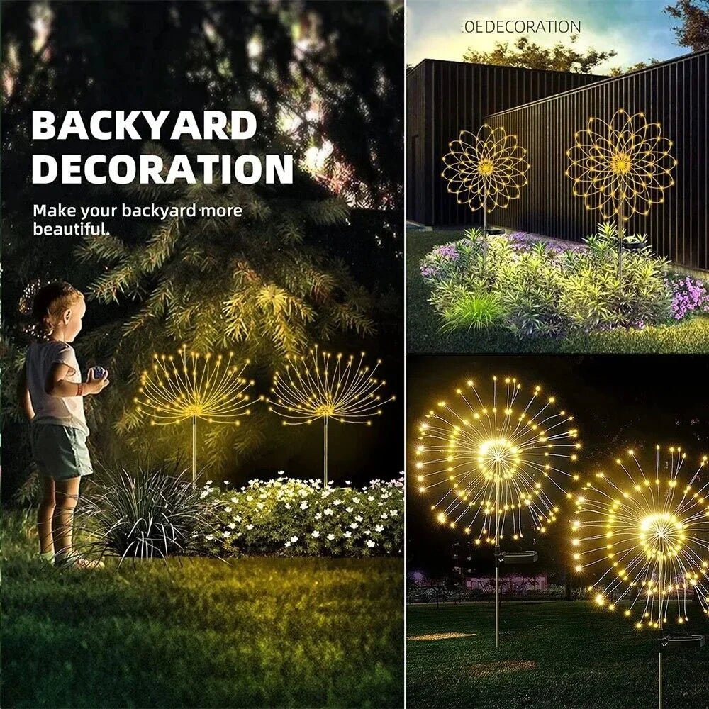 Backyard decoration ideas showcasing glowing dandelion-shaped garden lights at night. A child admires the lights, and the scene emphasizes enhancing outdoor beauty.