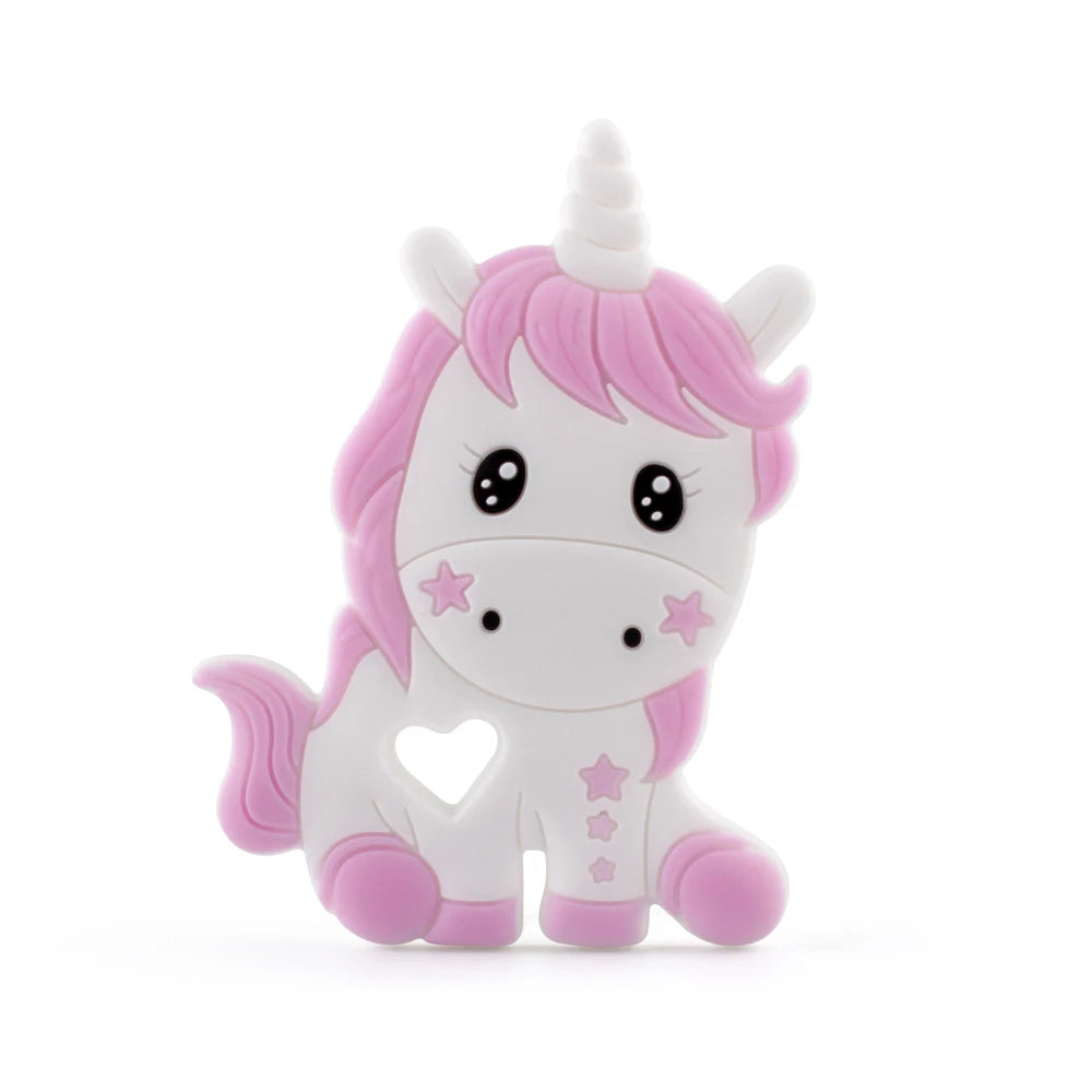 Cute unicorn toy with pink mane, star patterns, and a white body. It has a smiling expression, heart-shaped cutout, and pink star details, designed for children's charm.
