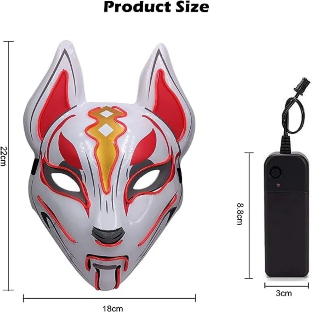 White fox mask with red and gold accents, illuminated eyes. Dimensions: 22cm tall by 18cm wide. Accompanied by a black control box measuring 8.8cm by 3cm.