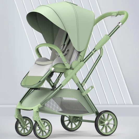 A modern, minimalist green stroller with a large canopy, adjustable seat, and sturdy frame on four wheels, set against a geometric, neutral-toned background.