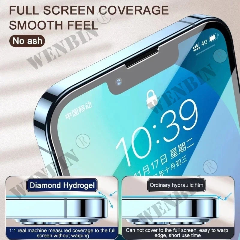 Close-up of a smartphone screen protector comparison. Left shows "Diamond Hydrogel" with full edge coverage. Right shows "Ordinary Hydraulic Film" with coverage gaps.