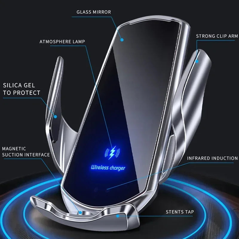 Futuristic wireless phone charger with a glass mirror, strong clip arms, silica gel protection, atmosphere lamp, magnetic interface, infrared induction, and stents tap.