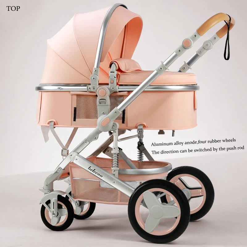 Pink baby stroller with aluminum frame, adjustable handle, and four rubber wheels. Features a spacious canopy and storage basket. Text highlights directional switch option.