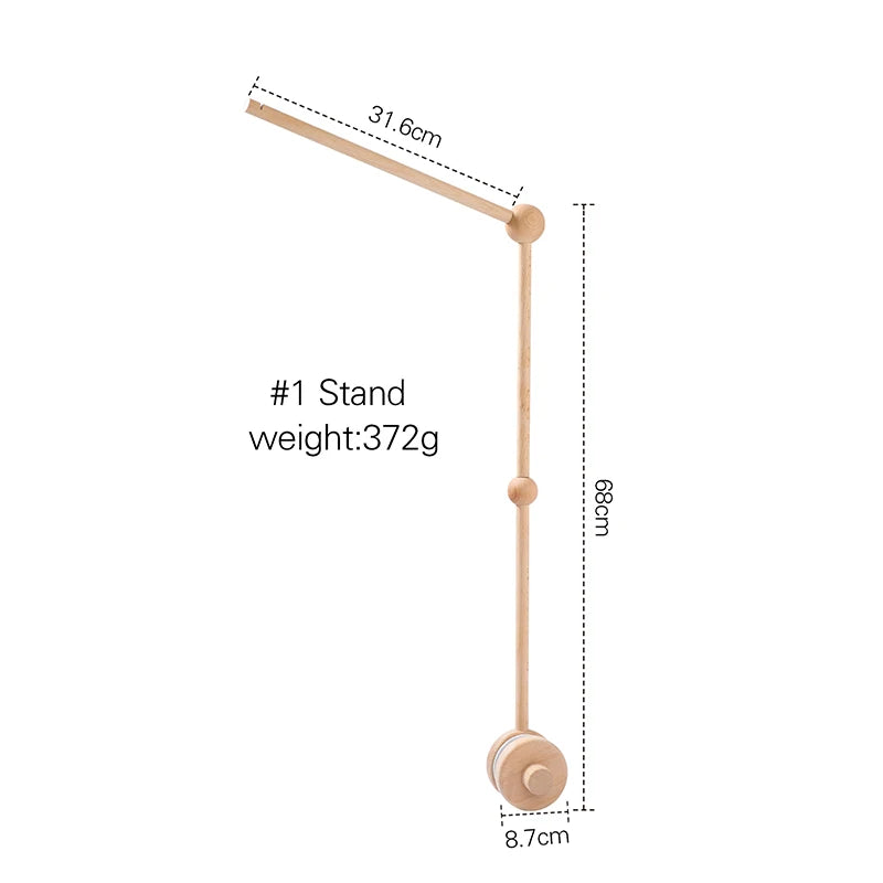 Wooden stand with a minimalist design, measuring 68cm tall. It has an 8.7cm base and a 31.6cm adjustable arm. Labeled as "#1 Stand" and weighs 372g.