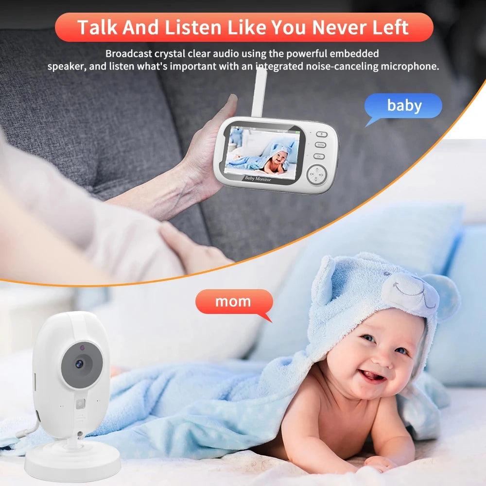 A baby in a blue bear-hooded towel smiles near a baby monitor camera. Above, a hand holds a monitor screen showing the baby, with text highlighting talk and listen features.