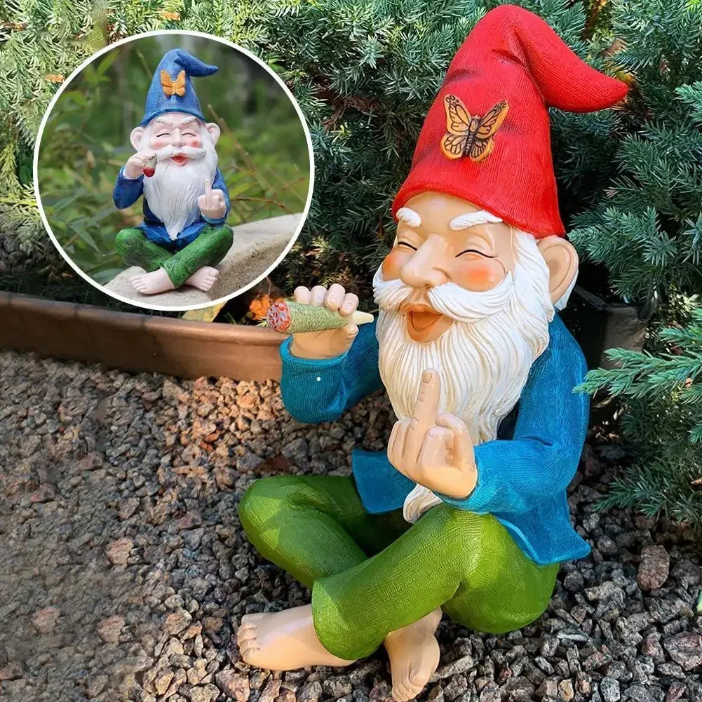 Colorful gnome statue with a red hat, sitting on pebbles, holding a cigar, and playfully making a gesture. Inset shows the gnome with a blue hat, sitting on a garden wall.