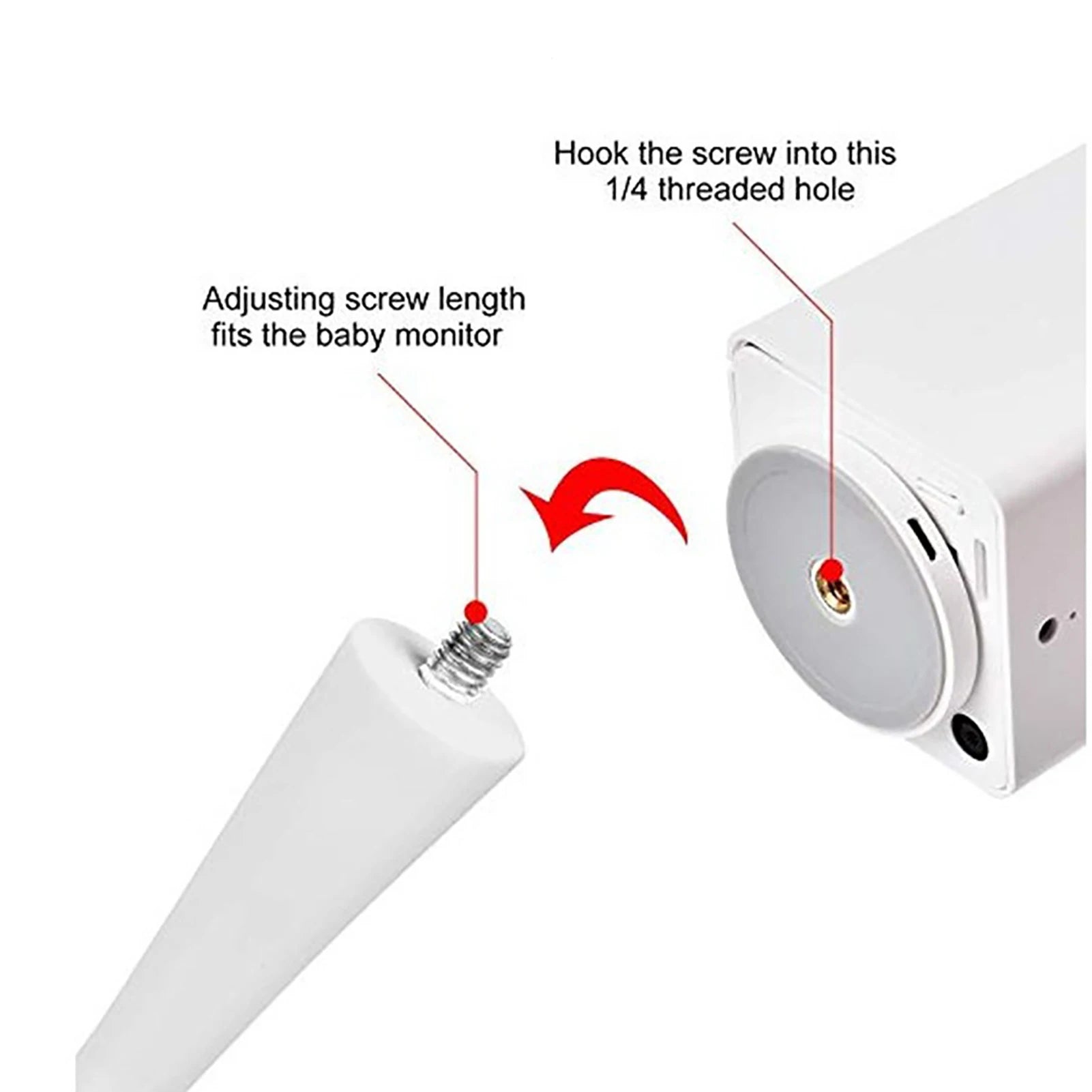 Close-up of a white adjustable screw with instructions showing how to insert it into a 1/4 threaded hole on a white device, possibly a baby monitor.