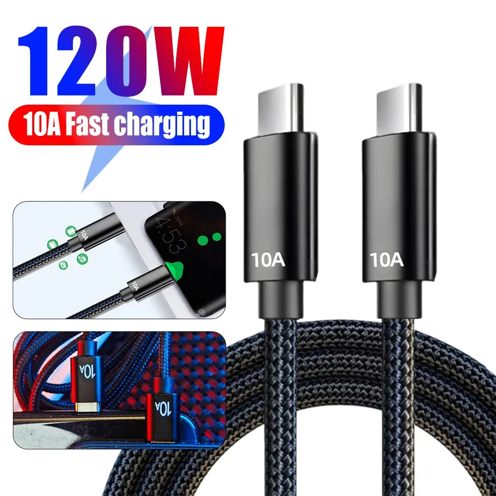 Black 120W USB-C charging cable labeled 10A for fast charging. Close-up images show cable in use with a smartphone and two cables with different colored ends.