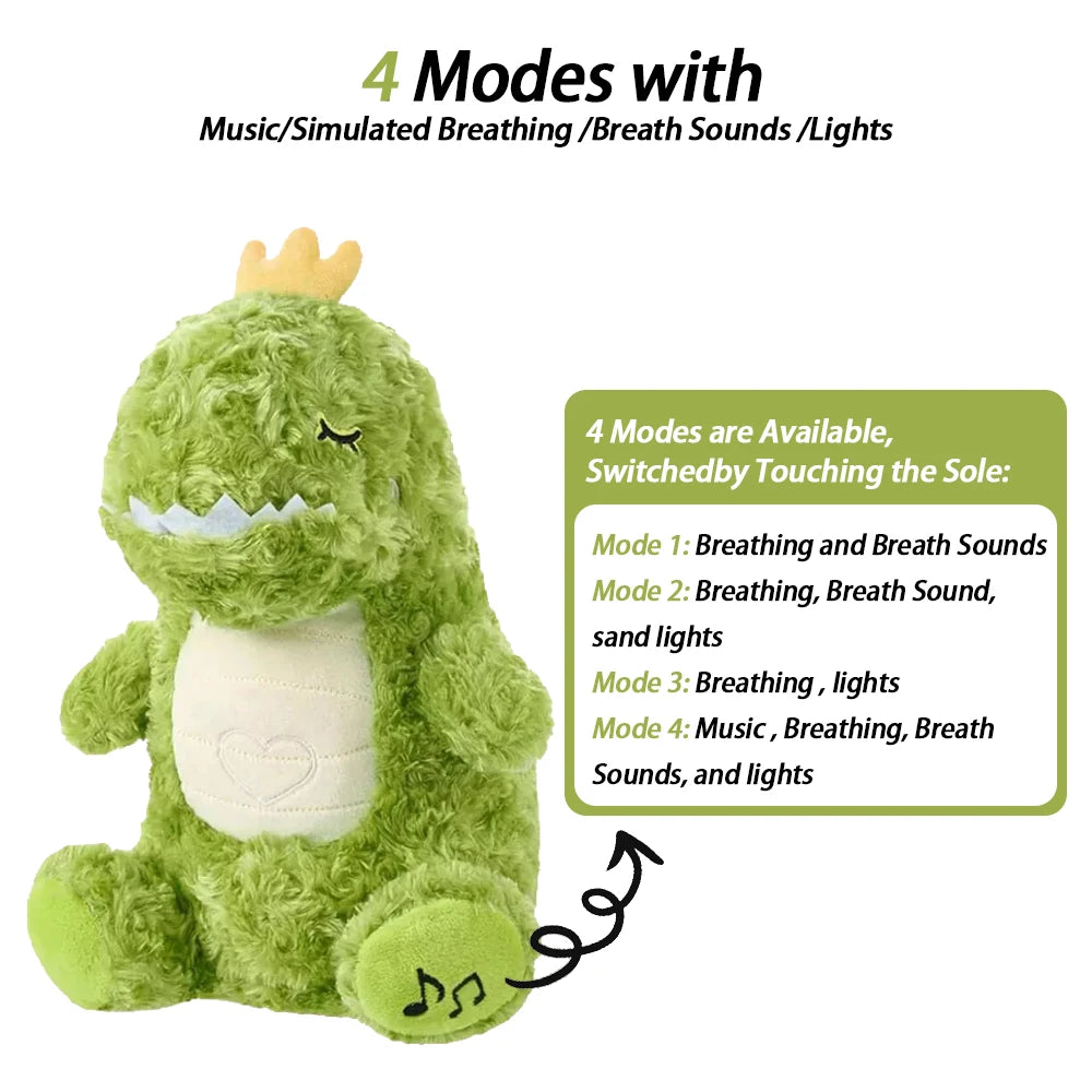 A green plush toy resembling a dinosaur with a crown, featuring four modes: breathing sounds, lights, and music. Modes switch by touching the sole, as shown with a spiral arrow.